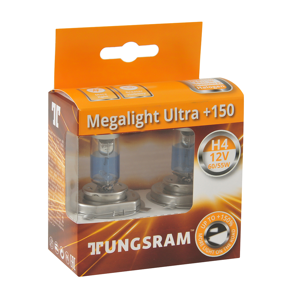 Лампы галогенные TUNGSRAM MEGALIGHT ULTRA+150 12V H4 60/55W 2 шт ...