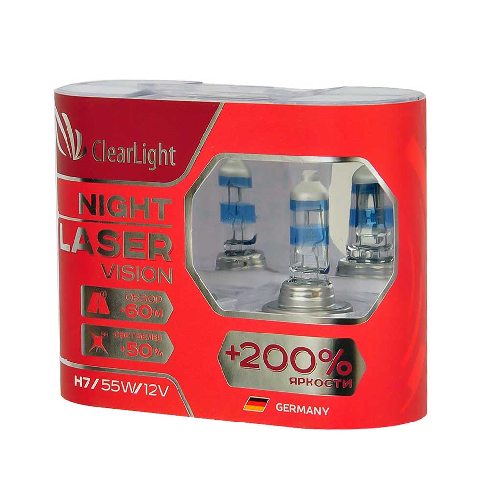 Лампа галогенная CLEARLIGHT NIGHT LASER VISION +200% 12V H7 55W 2 шт MLH7NLV200