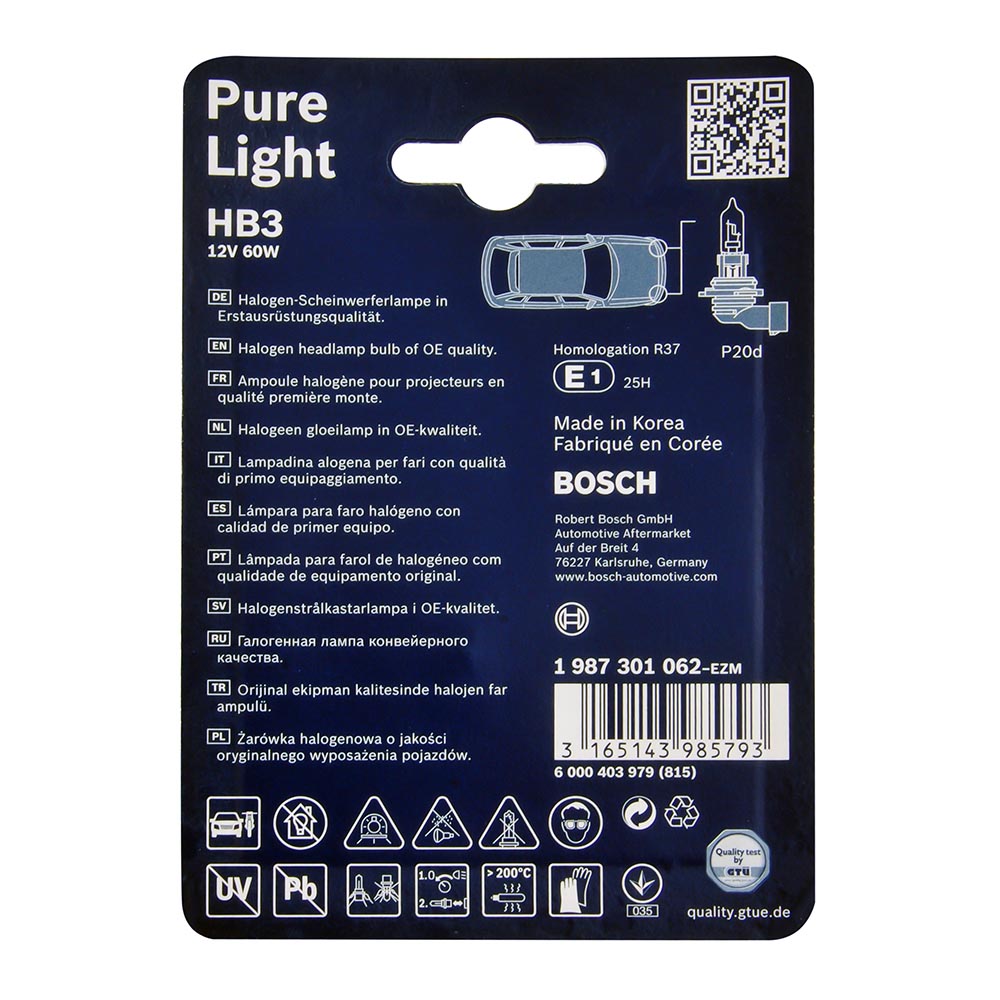 Лампа галогенная BOSCH PURE LIGHT HB3 1987301062