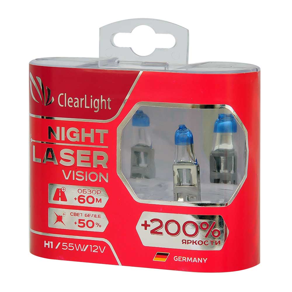 Лампа галогенная CLEARLIGHT NIGHT LASER VISION +200% 12V H1 55W 2 шт MLH1NLV200