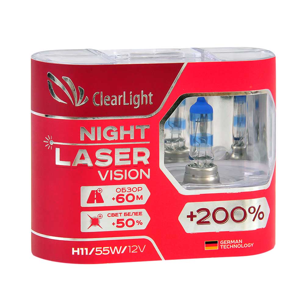 Лампа галогенная CLEARLIGHT NIGHT LASER VISION +200% 12V H11 55W 2 шт MLH11NLV200