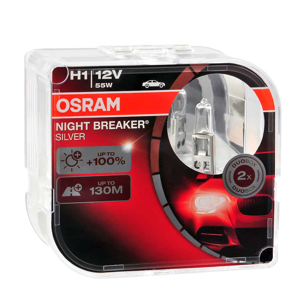 Лампа галогенная OSRAM NIGHT BREAKER SILVER +100% 12V H1 55W 2 шт 64150NBS-HCB