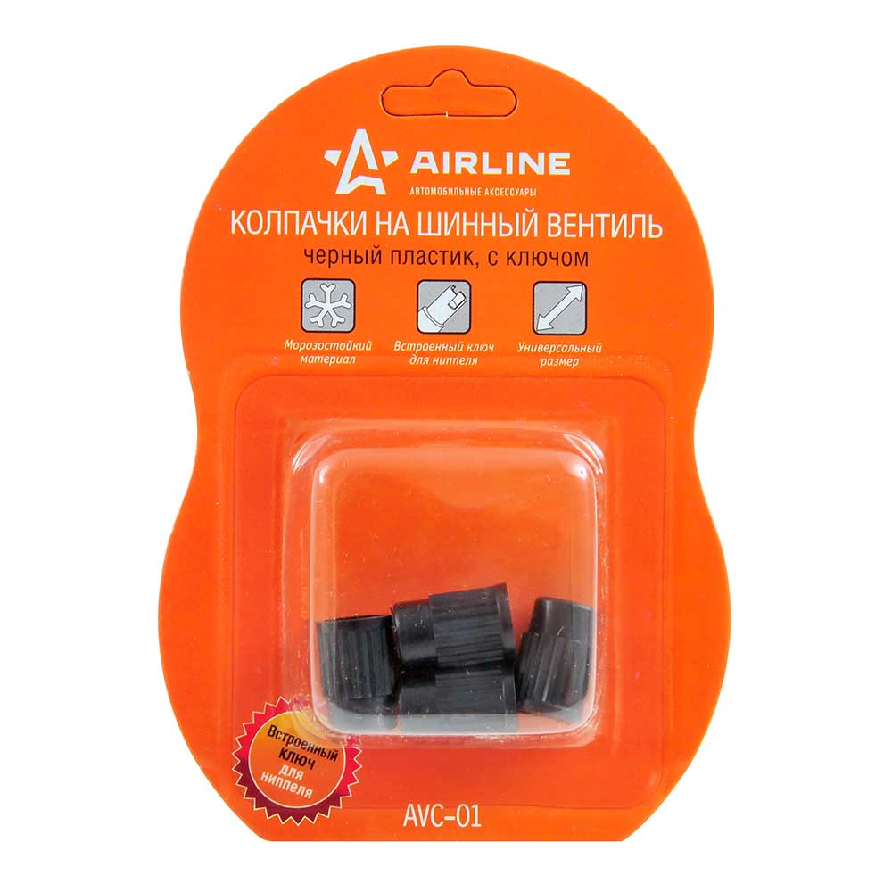 Колпачки ниппеля AIRLINE с ключом черный пластик 4 шт AVC-01