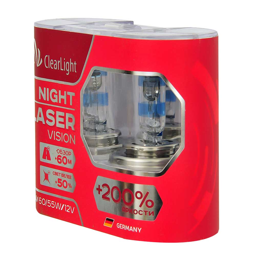 Лампа галогенная CLEARLIGHT NIGHT LASER VISION +200% 12V H4 60/55W 2 шт MLH4NLV200