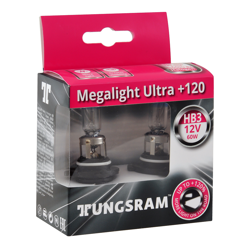 Лампы галогенные TUNGSRAM MEGALIGHT ULTRA+120 12V HB3  60W 2 шт 9005NU B2