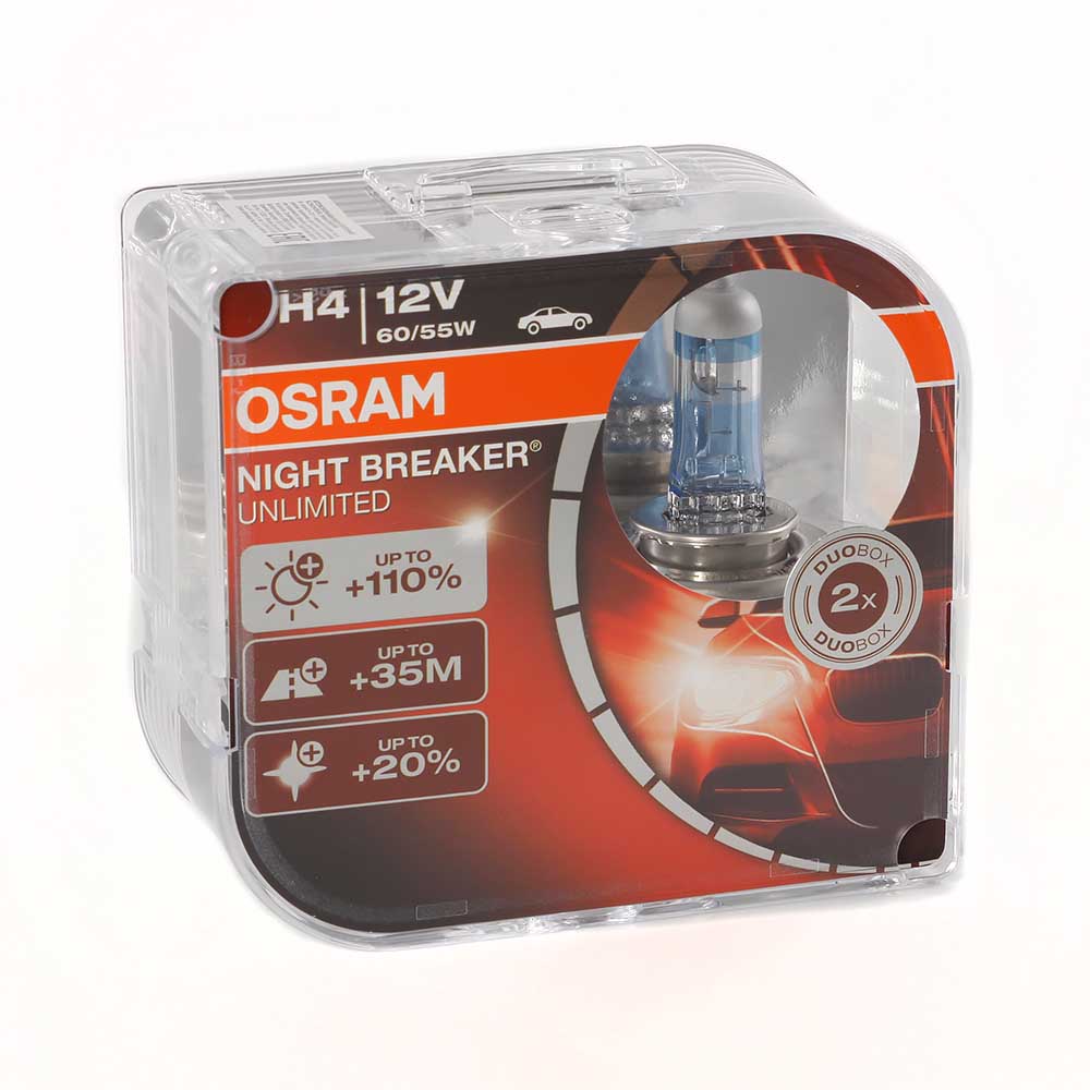 Лампа галогенная OSRAM NIGHT BREAKER UNLIMITED +110% 12V H4 60/55W 2 шт 64193NBUHCB