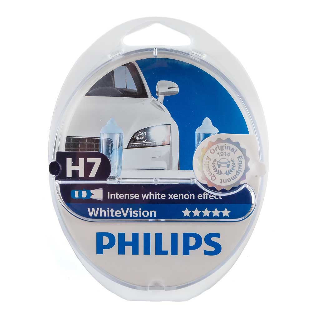 Лампа галогенная PHILIPS WHITEVISION 12V H7 60/55W 2 шт + 12V W5W 2 шт 12972WHVSM