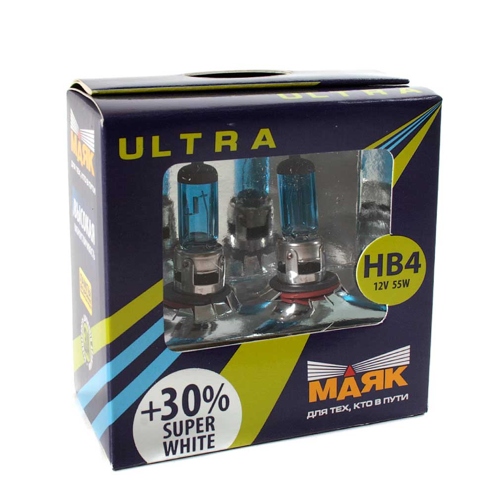 Лампа галогенная МАЯК ULTRA SUPER WHITE +30% 12V HB4 55W 2 шт 89006SW+30